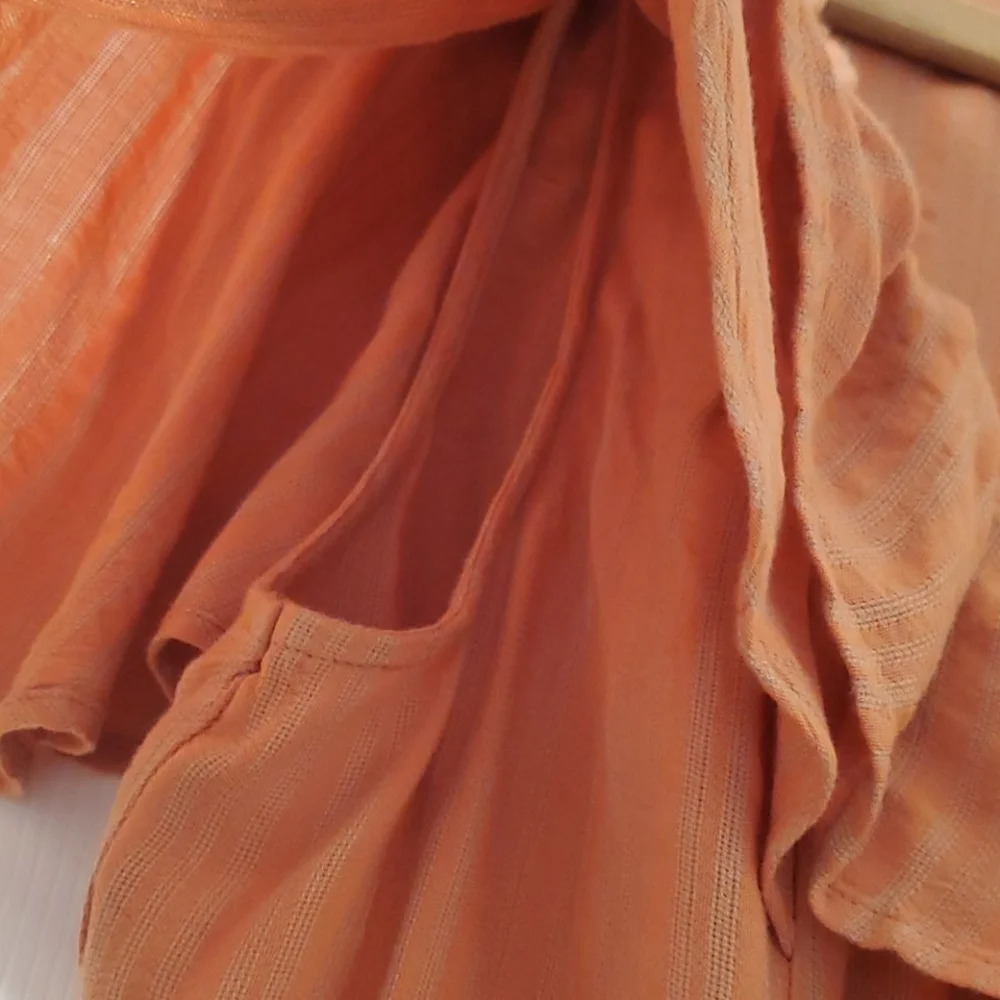 FREE PEOPLE Rosemary Ruffle Peasant Boho Tie Front Top Coral Stripe NWT